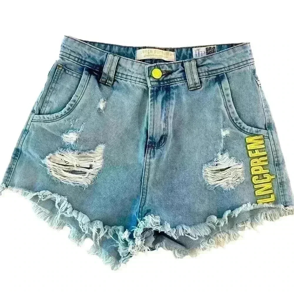 LANCA PERFUME NWOT Raw Hem High Ride W/Yellow Leather Logo Stitched On Sz 38/7